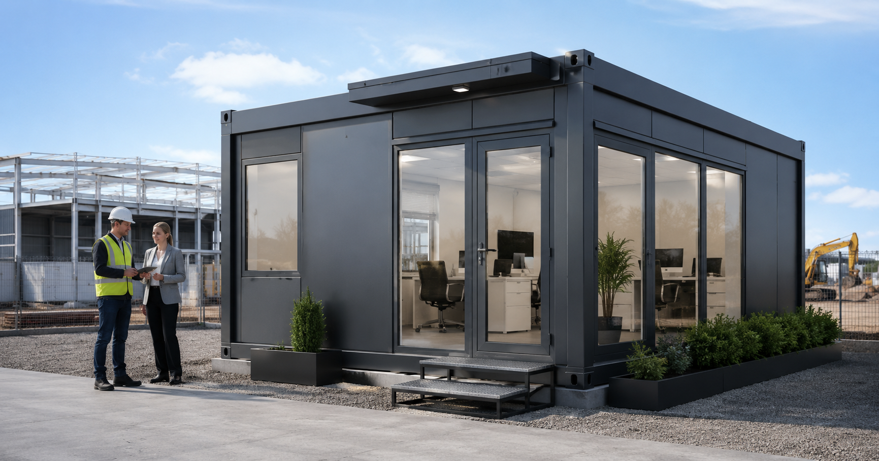 Container modular de birou modern, amplasat pe un șantier, cu ferestre mari, interior de birou vizibil și doi profesioniști discutând în fața acestuia.